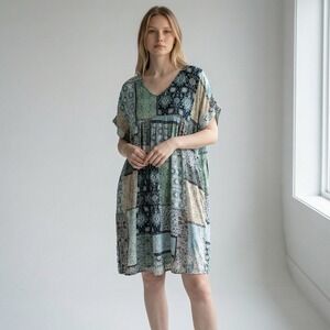 Ces Femme Blue Green Patchwork Floral V-Neck Babydoll Dress Pockets 1XL